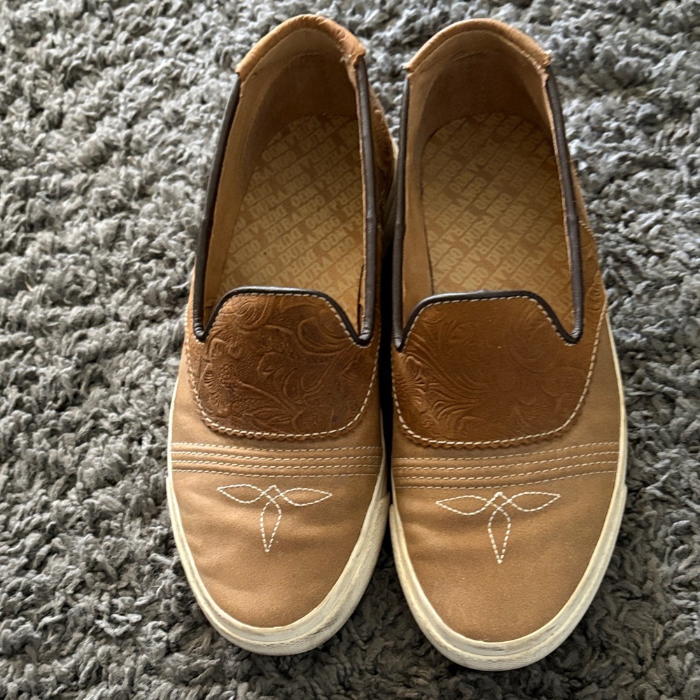 Durango Tan Slip-On Shoes with Floral Embroidery